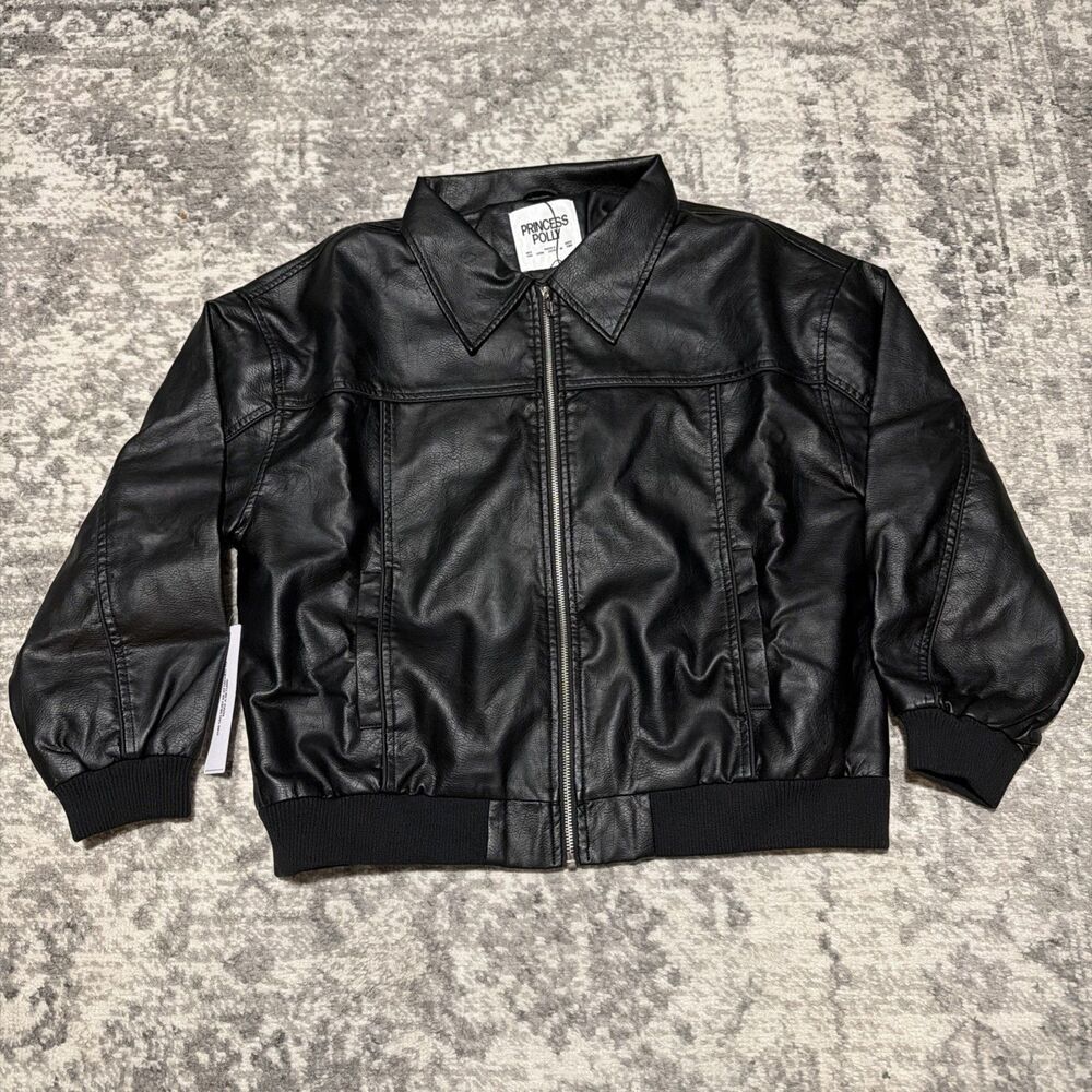 Princess Polly Believe It Faux Leather Bomber Jacket Black US 2